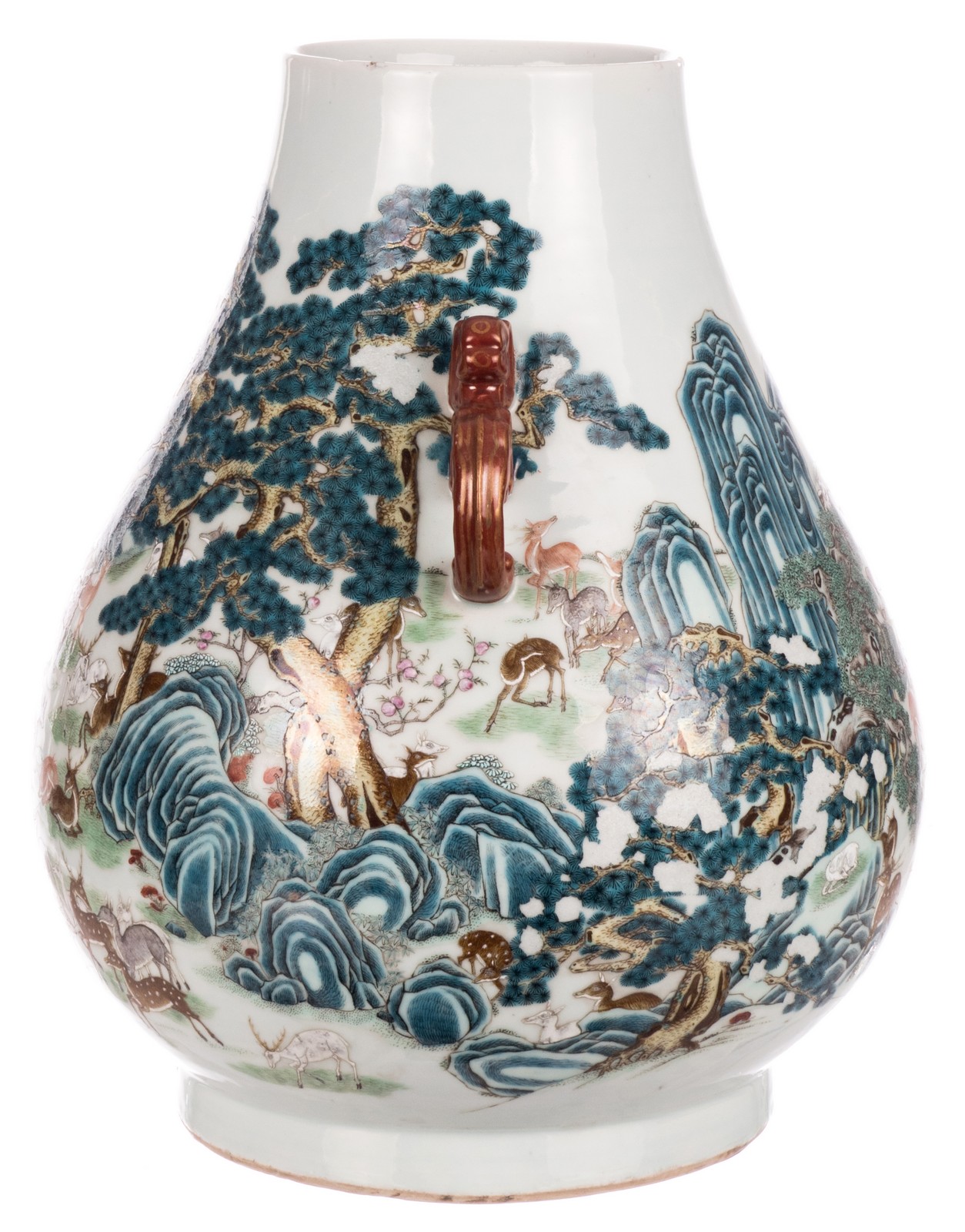 An exceptional Chinese famille rose 'hundred deer'  Hu vase, marked Qianlong, H 45,5 cm (chip on the - Image 2 of 10