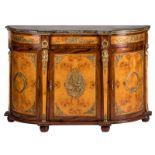 A neoclassical commode, mahogany and burr wood veneered, bronze mounts and vert de mer marble top,