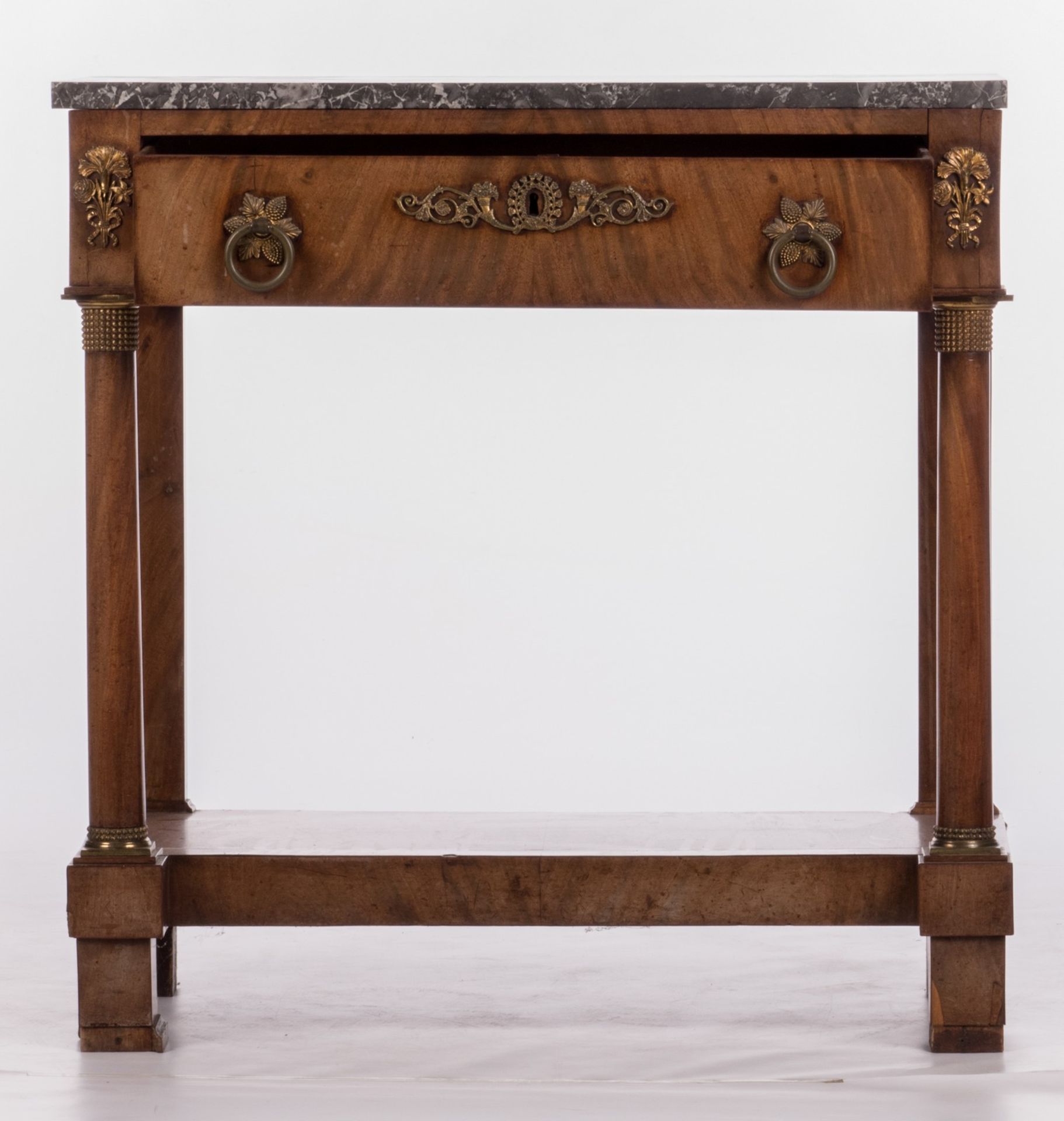 A mahogany veneered console, bronze mounts and grey St.-Anna marble top, Neoclassical and period, - Bild 3 aus 12