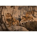 A fine Chinese tapestry depicting lions in a landscape, textile heightened with watercolor and