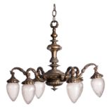 A bronze chandelier, the lightshades out of frosted and cut glass, H 71 cm