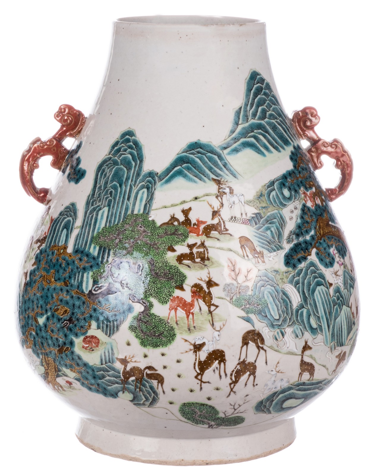 An exceptional Chinese 'hundred deer' Hu vase, marked Qianlong, H 44 cm (chips and firing faults