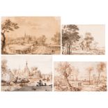 Non signed, four late 17th - early 18thC grey and bister wash drawings, 6,5 X 13 / 15,5 X 22,5 cm