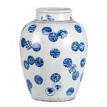 A Chinese blue and white decorated vase with auspicious symbols, H 42,5 cm (firing faults)
