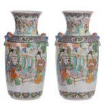 Two Chinese polychrome vases, overall decorated with animated scenes, H 35,5 cm (one vase with