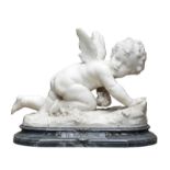 Pernot H, "Le Maraudeur", a white and grey Carrara marble sculpture depicting a Cupid stealing a