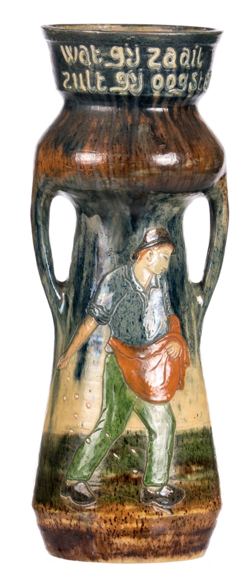 'Wat gij zaait, zult gij oogsten' (What you seed is what you get), a Thourout earthenware vase in