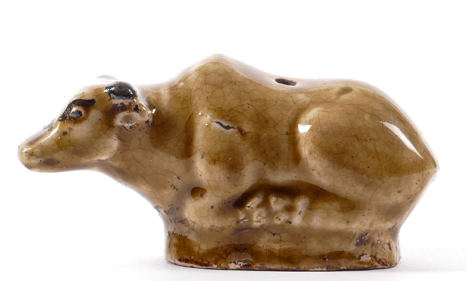 A Chinese stoneware glazed buffalo on a wooden base, H 5 - W 10 cm (base included) - Image 2 of 6