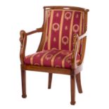 A Neoclassical mahogany armchair en gondole, armrests with swan necks, H 85 - W 58,5 - D 55 cm