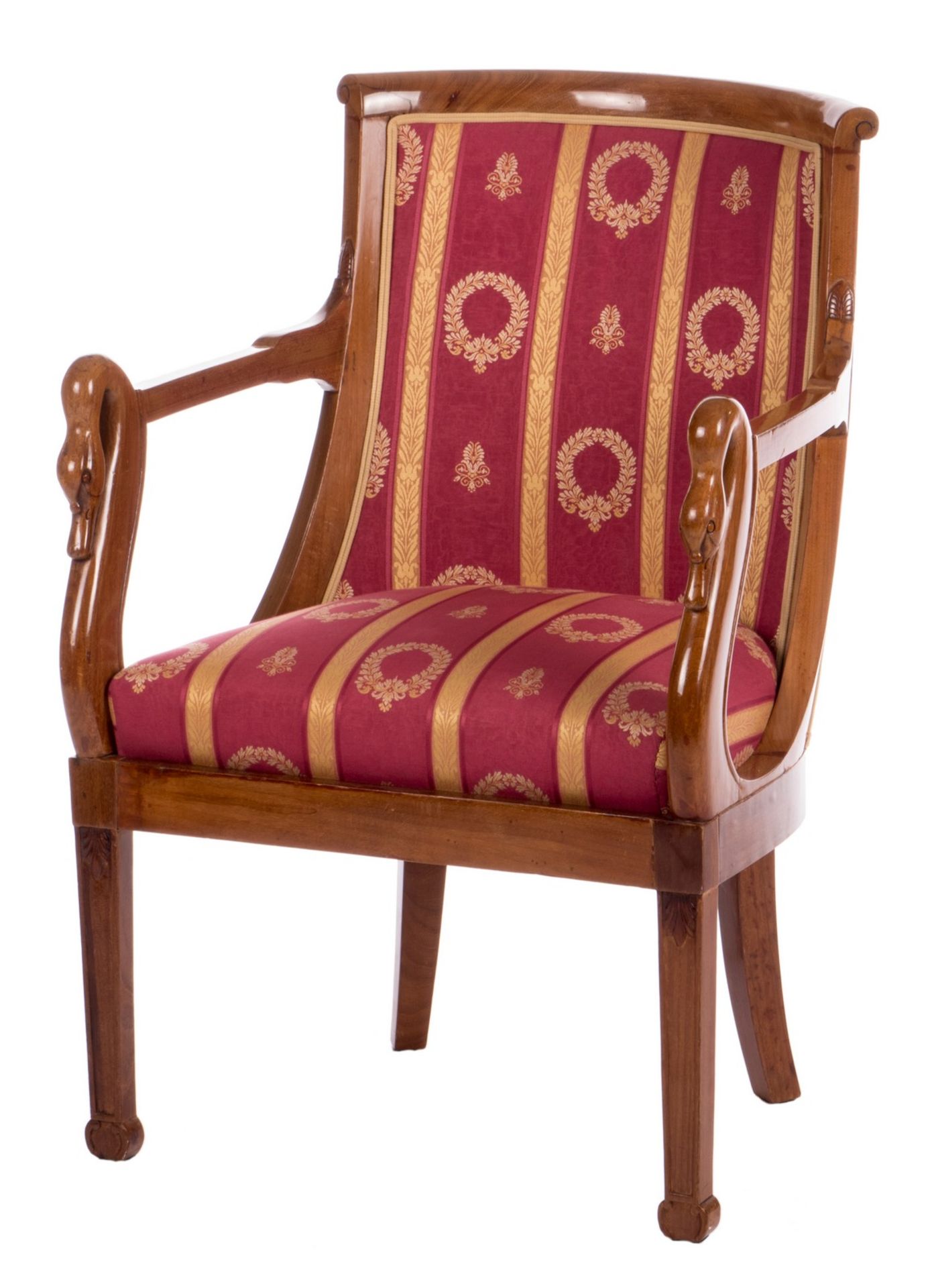 A Neoclassical mahogany armchair en gondole, armrests with swan necks, H 85 - W 58,5 - D 55 cm