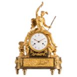 A French bronze ormolu mantel clock with on top a Hermes statue, about 1820, H 489 - W 31 cm