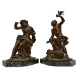 Two Neoclassical bronze groups in the Clodion manner, on a green marble base, late 19thC, H 30 -