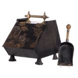 A Victorian coal scuttle, ebonised tin and lacquer decoration inlaid with mother of pearl, with