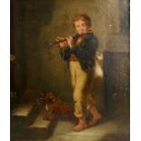 Illegibly signed, a street musician with his dog, oil on canvas pasted on cardboard, 19thC, 29 x