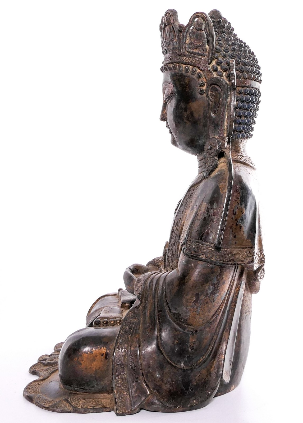 A Chinese gilt bronze Buddha with traces of polychromy, H 39 cm - Image 3 of 9