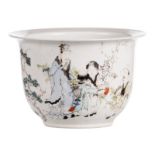 A Chinese polychrome decorated cache-pot with an animated scene and calligraphic texts (crack to the