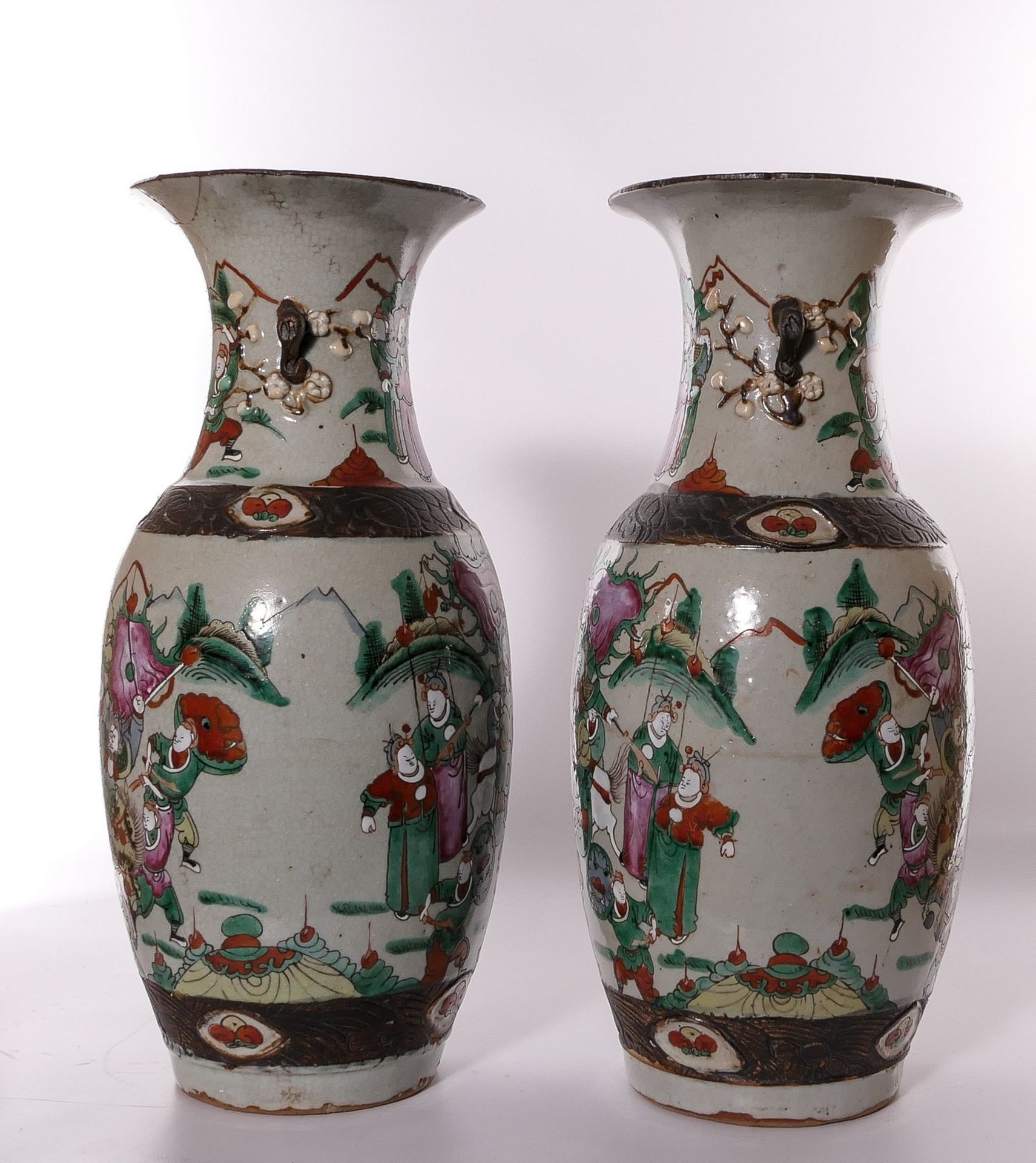 A pair of Chinese polychrome stoneware vases, decorated with warriors, marked, H 46 cm (restored) - Image 4 of 13