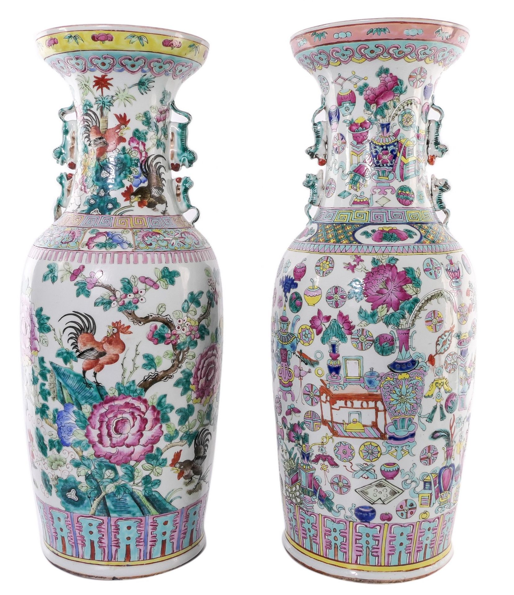 Two Chinese famille rose vases, one decorated with cocks and one with 100 antiquities, H 59 - 60,5