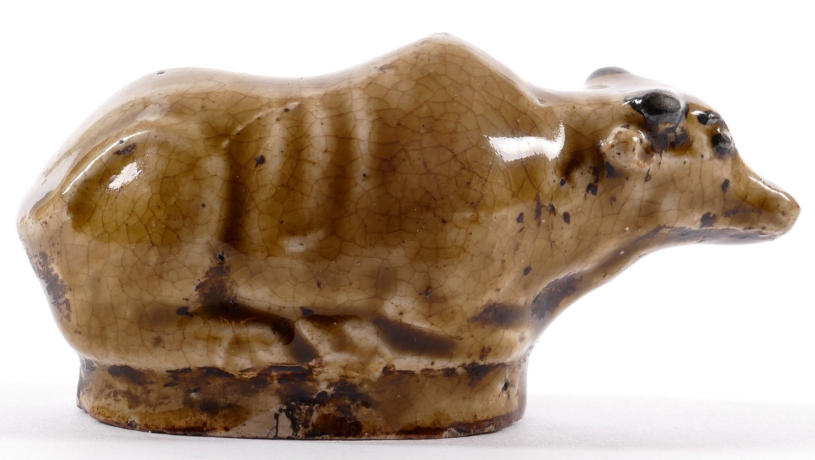 A Chinese stoneware glazed buffalo on a wooden base, H 5 - W 10 cm (base included) - Image 4 of 6