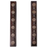 A pair of Chinese hardwood scroll weights, decorated with auspicious symbols and coins, L 30 cm
