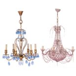 Two charming chandeliers, H about 77 - 80 cm, Diameter about 37 - 50 cm