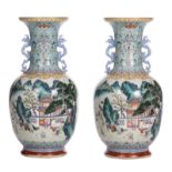 Two fine Chinese famille rose and polychrome vases, overall decorated with an animated scene in a