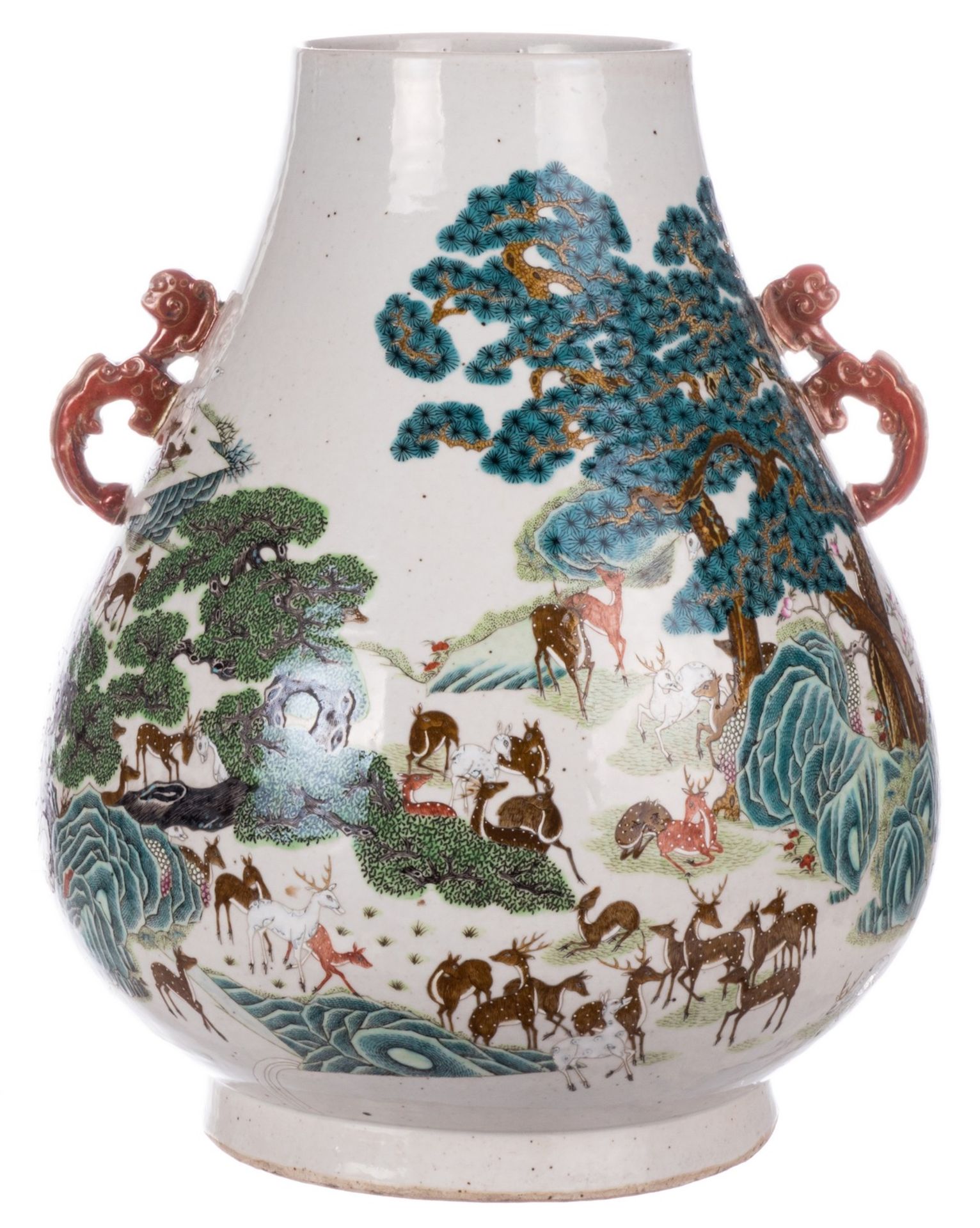 An exceptional Chinese 'hundred deer' Hu vase, marked Qianlong, H 44 cm (chips and firing faults - Bild 3 aus 10