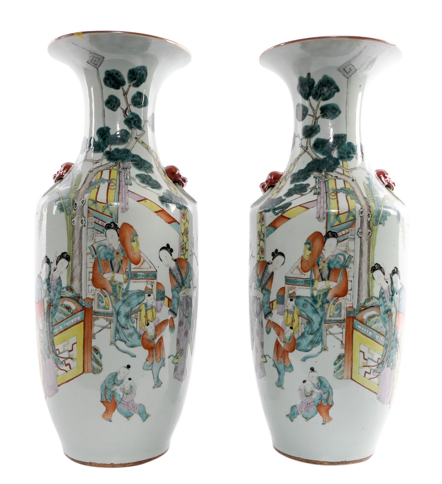 A pair of Chinese polychrome vases, decorated with ladies and children playing in a garden, H 57,5