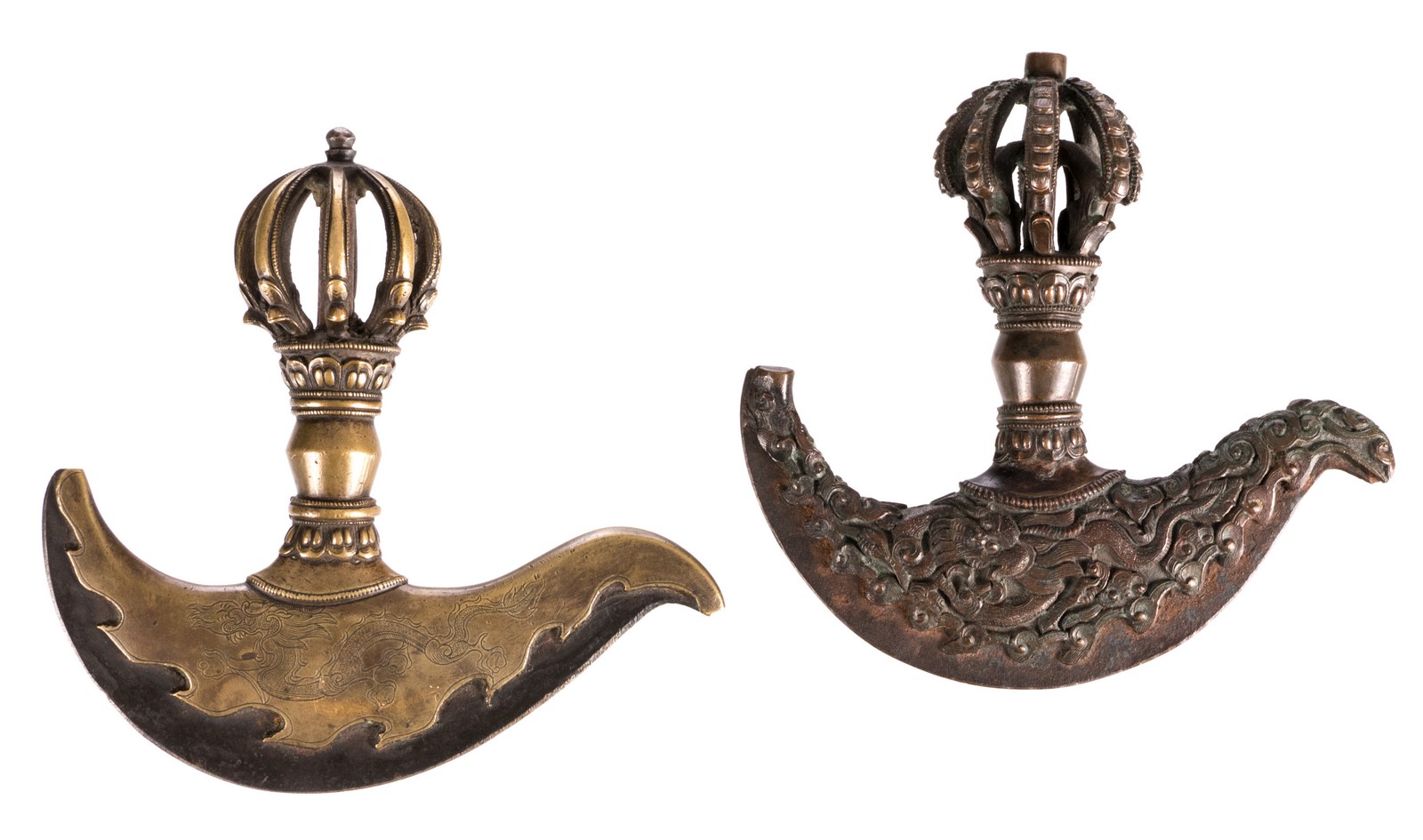 Two Sino-Tibetan ritual knives, 'Vajra Kartika', dragon relief decorated, bronze, brass and iron,
