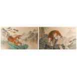 Two Chinese watercolours on paper depicting tigers in a mountainous river landscape, signed, 30 x 51