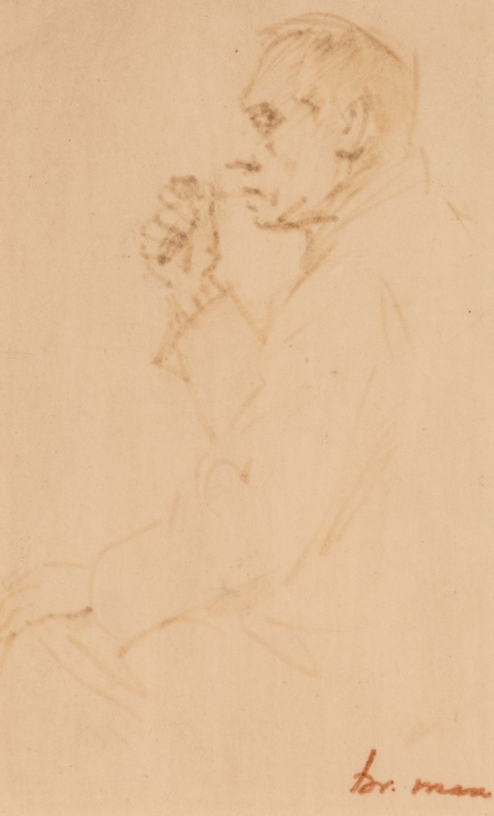 Max Br., portrait of a man, bistre on paper, 8 x 13 cm