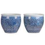 A fine pair of Chinese celadon ground blue and white jardinieres with floral decorations, H 56,5