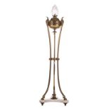A Neoclassical brass floor lamp, with a torch shaped matted glass light shade, white Carrara