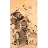A fine Chinese watercolour, depicting an animated scene, signed "Shangguang Zhou", 78 x 136 cm