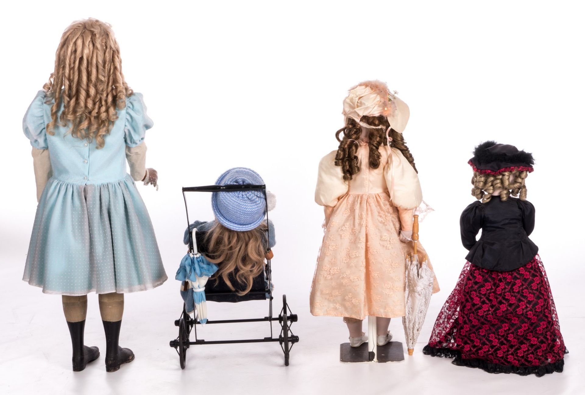 Four early 20thC dolls with a bisque head and the (original) bodies, all marked; added a toy pram, H - Image 2 of 8