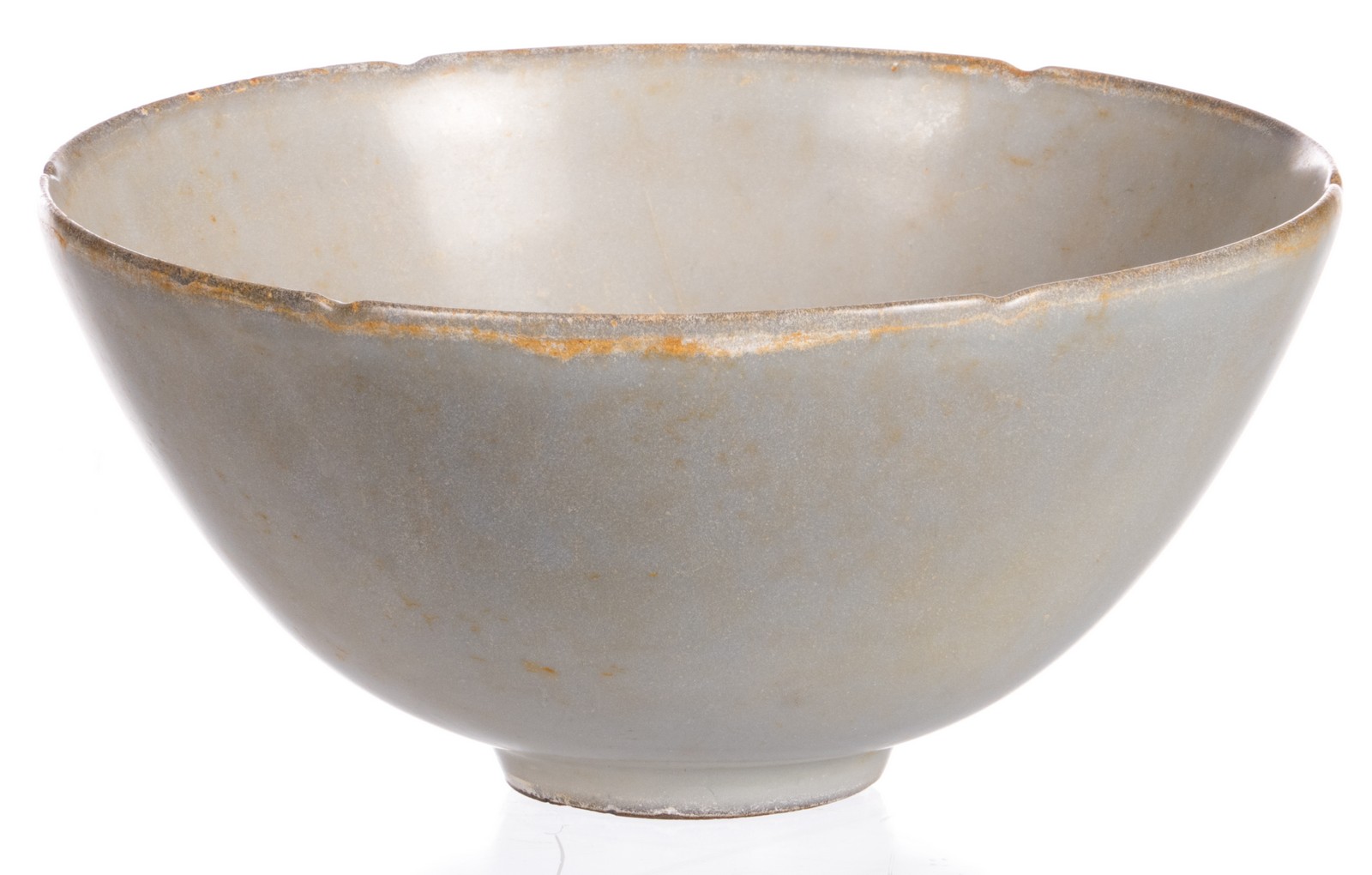A Chinese celadon stoneware bowl, H 9,5 cm - Diameter 19,5 cm (chips, cracks and firing faults to - Image 3 of 10