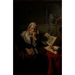 No signature, the dozing lacemaker, after Nicolaes Maes, oil on canvas, 74,5 x 106,5 cm (minor