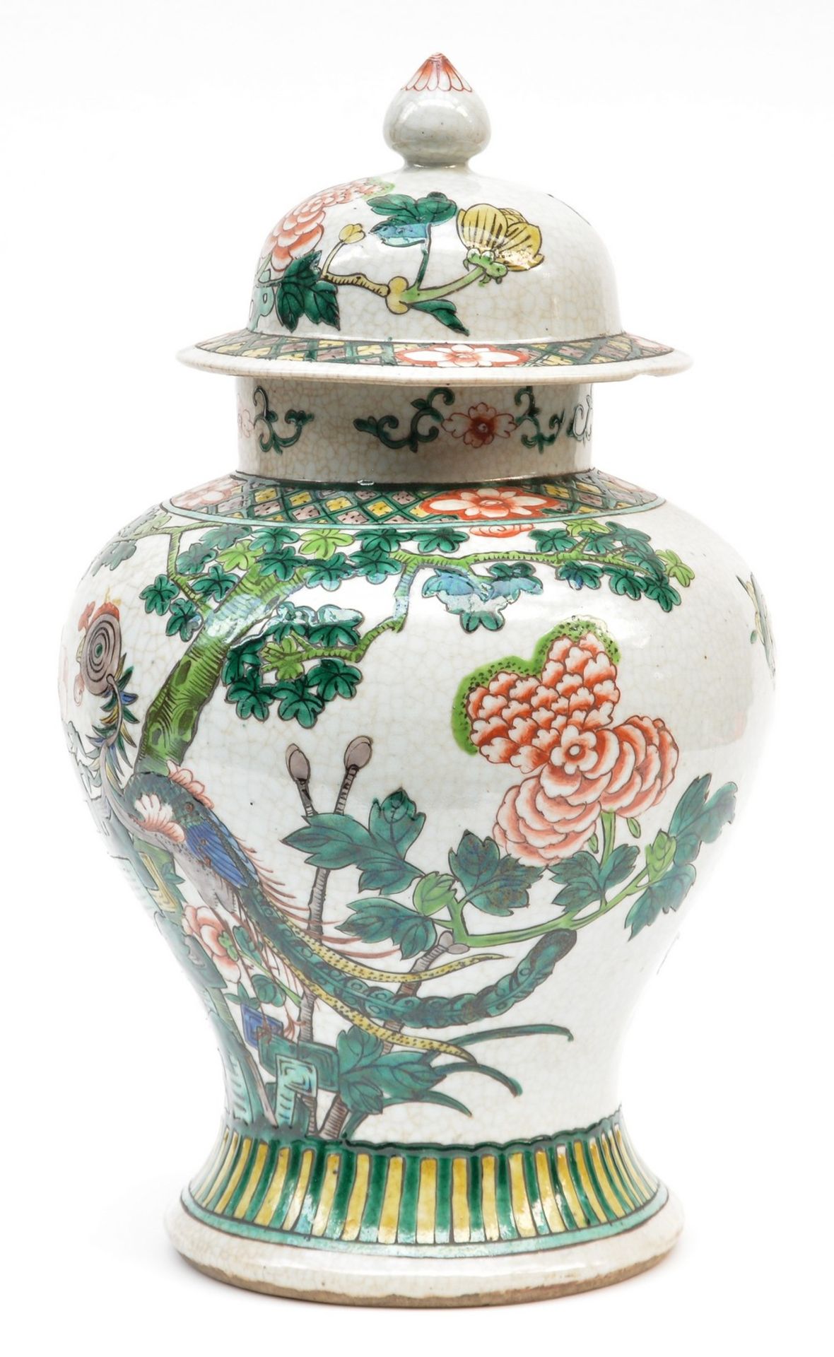 A Chinese famille verte stoneware vase with cover, marked, 19thC, H 48 cm (wooden base included) - Bild 2 aus 15