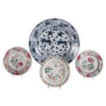 Three Chinese floral decorated famille rose dishes, one dish with figures in a landscape, 18thC;