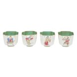 Four Chinese famille rose cups, decorated with figures, marked Daoguang and period, H 7 cm