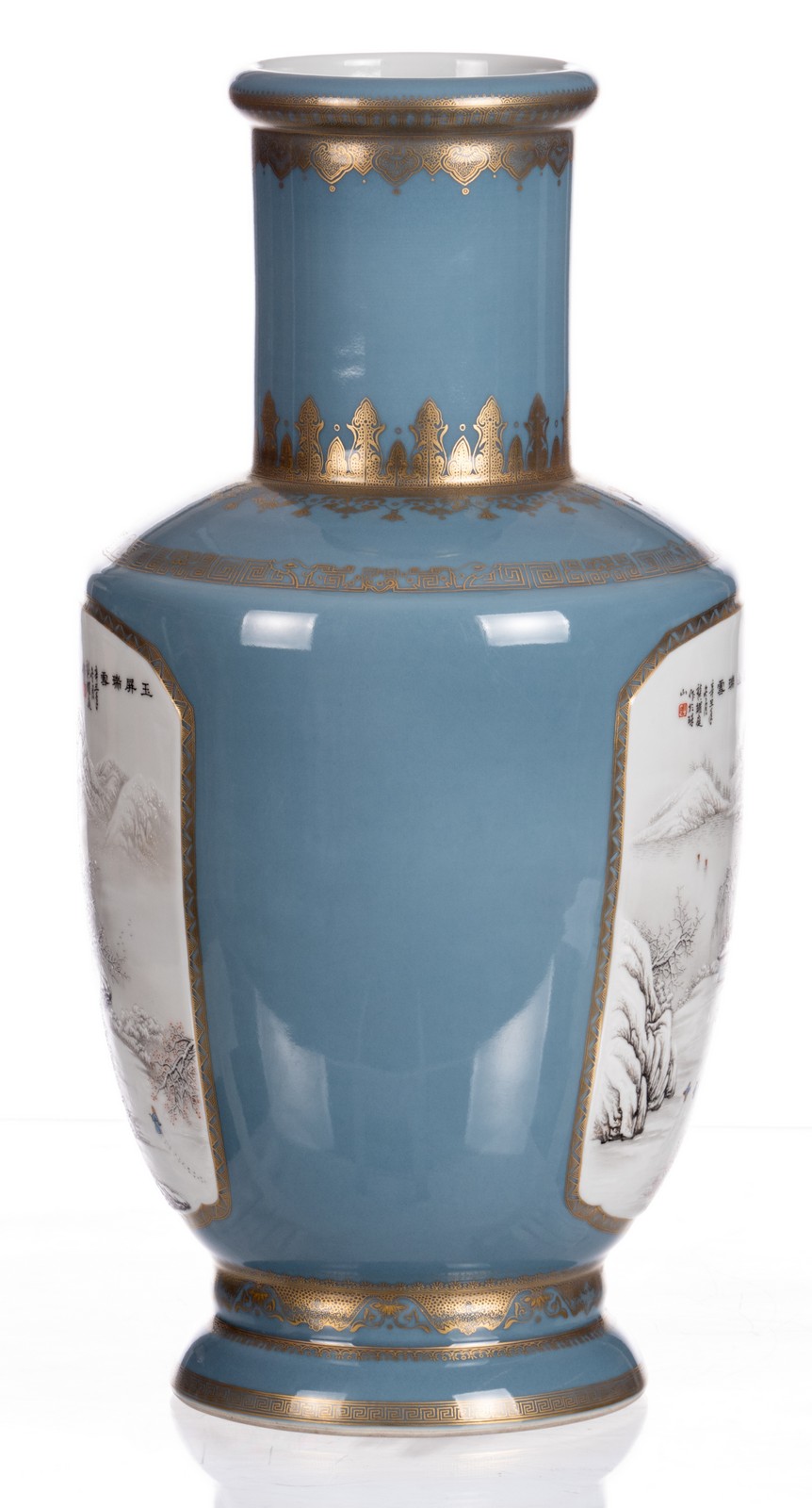 A Chinese light blue ground vase, polychrome and gilt decorated, the roundels with figures and - Image 2 of 6