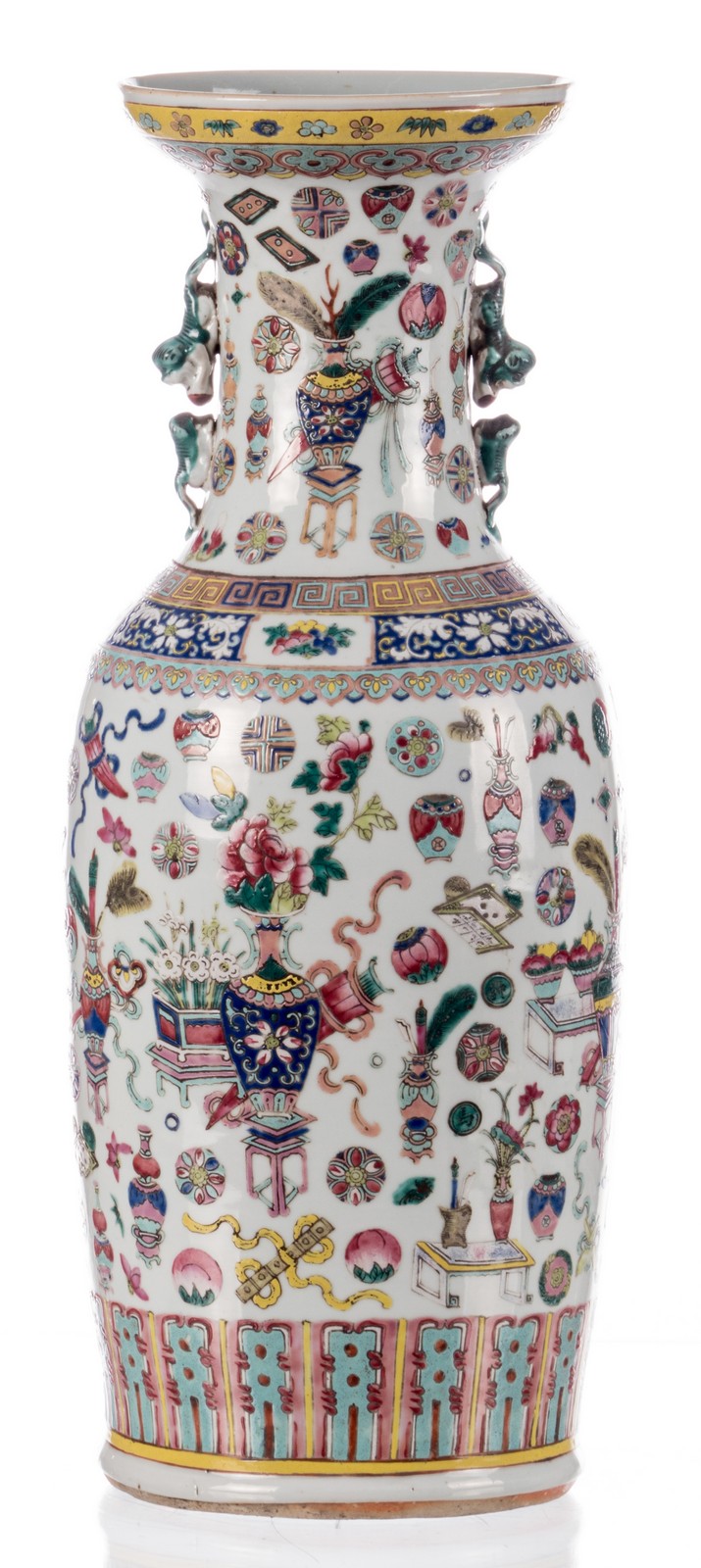 A Chinese famille rose vase with one hundred antiquities, H 60 cm - Image 3 of 7