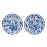 Two Chinese blue and white plates decorated with a bird and flower branches, 18thC, Diameter 39,5 cm