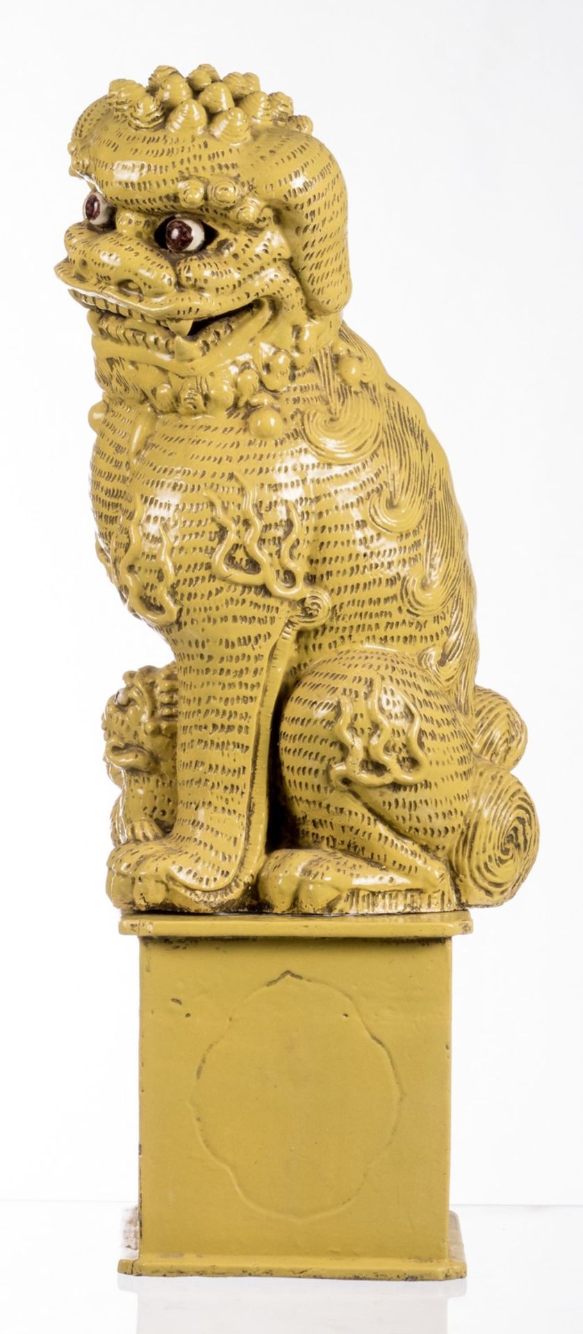 Two Chinese yellow glazed terracotta Fû-lions on a ditto base, H with base 92,5 cm, without base - Image 2 of 12
