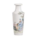 A Chinese polychrome decorated rouleau shaped vase with an animated scene, marked Qianlong, H 33
