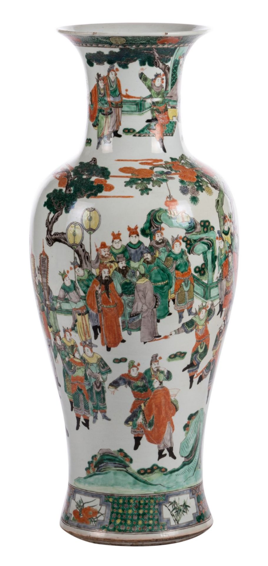 A Chinese famille verte baluster shaped vase, decorated with an animated scene, marked, 19thC, H