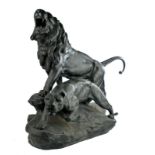 Monogrammed M. I., lion and lioness, patinated bronze, last quarter 19thC, H 60 cm