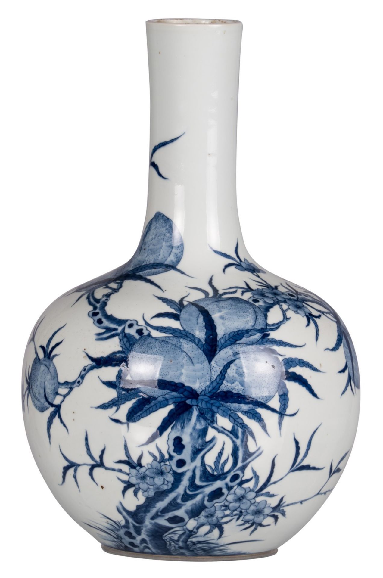 A Chinese blue and white nine peaches bottle vase, marked Qianlong, H 38,5 cm
