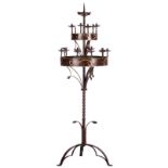 A late 19thC Gothic revival wrought iron and polychrome painted church candelabra, H 193,5 -