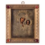 A late 19thC Russian icon with silver reza (84 zolotniki, 875/000), frame in a gilt silver alloy
